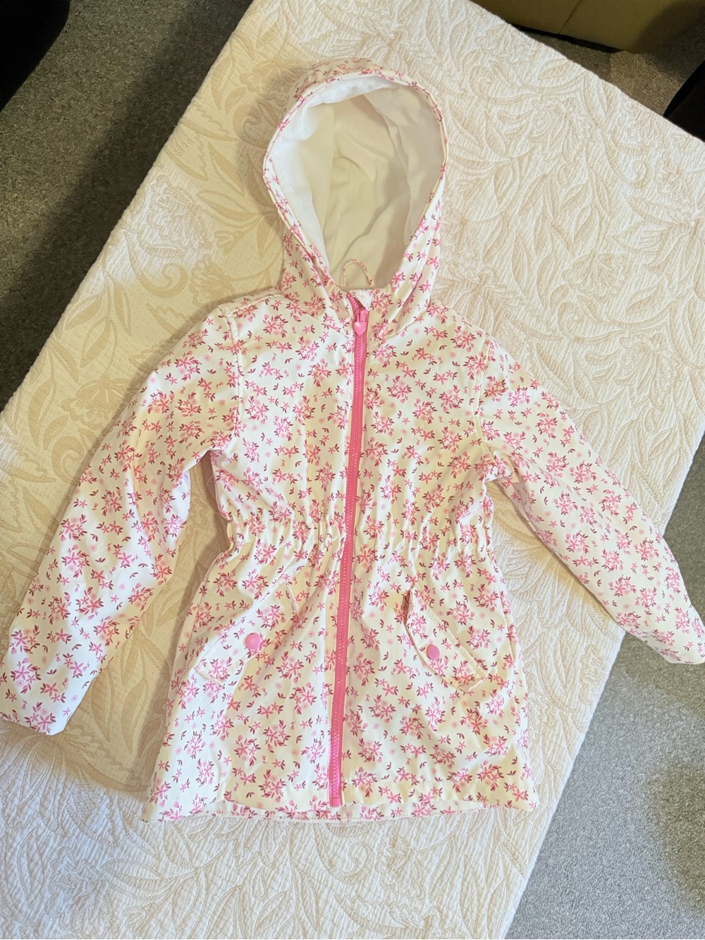 Girls' Pink Floral Hooded Lined Rain Jacket